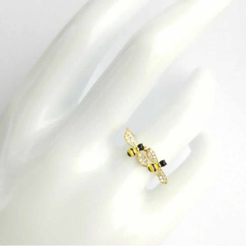 CZ enamel Bee Bees ring 14k Gold over Sterling Silver size 7